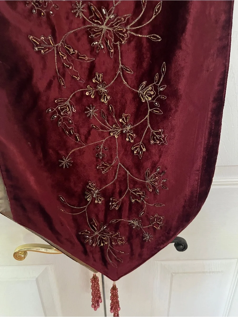 maroon velvet runner gold thread embroidery beads tassels 13” x 74”